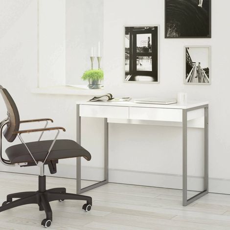 Dmora Bureau linéaire avec deux tiroirs, couleur blanche, Dimensions 101 x 76,5 x 40 cm (1/5)