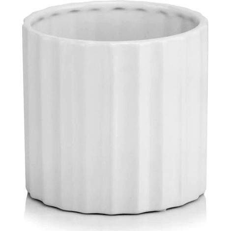 Vaso da fiori in ceramica con coperchio rotondo, decorazione a rilievo verticale, bianco, 13 cm