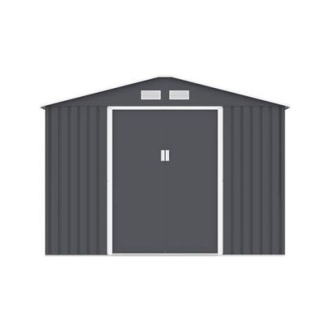 Abri de jardin en métal 8,84 m² - 277 x 319 x 202 cm - URANUS - Kit d'ancrage inclus, 2 portes coulissantes - Gris (1/4)