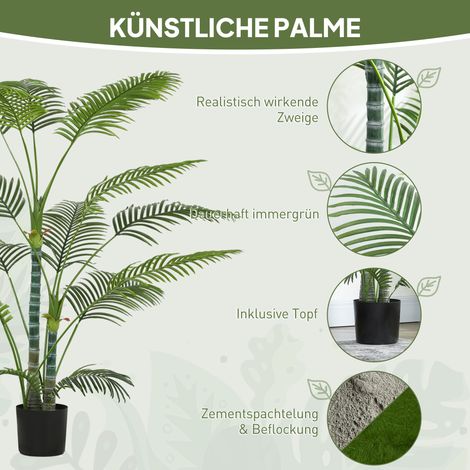 Palmier artificiel 16 feuilles en plastique UV, plante synthétique résistante avec cache-pot, décoration intérieur et extérieur, vert