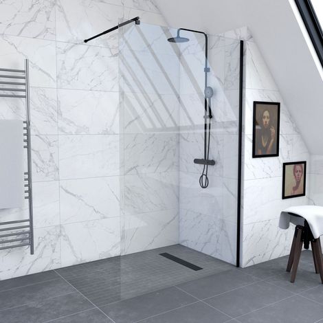 paroi de douche 120x200cm verre transparent - barre de fixation extensible et profil noir