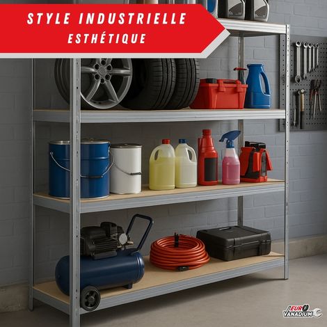 Euro Vanadium – Etagère monobloc métallique 2M x 2,37M – Charge 1400 kg – Plateaux en MDF 6,5 mm – Patins antidérapants pour stabilité