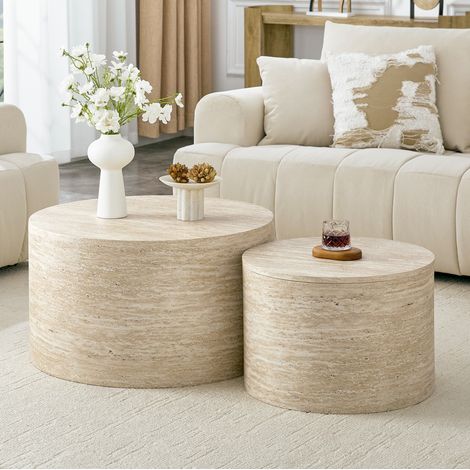 Set di 2 tavolini nesting rotondi con vano contenitore, MDF effetto legno, colore legno (1/5)