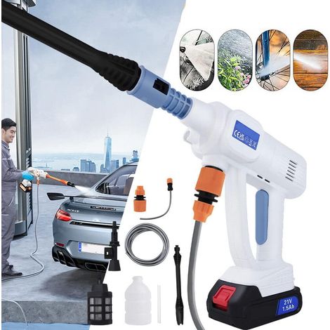 Nettoyeur haute pression sans fil portable Jet eau lavage voiture nettoyant pistolet ensemble avec batterie Li-Ion, chargeur, buse réglable, Accessoires, 2 raccords rapides et tuyau 5m