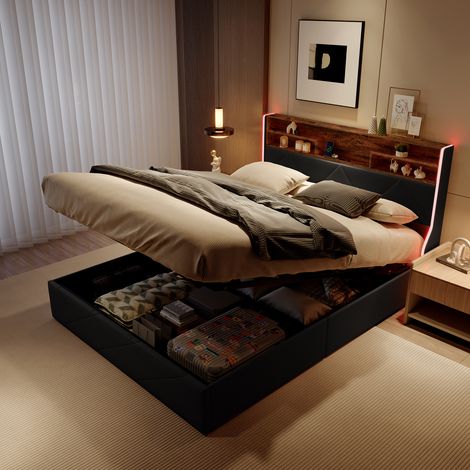 Cama Baúl 160x200, Cama 160x200 con Somier, Cama 2 Plazas, Cabecero con Almacenamiento y Puertos USB, Estructura de Cama Capitoné con Iluminación LED Lateral, Elevador Hidráulico, Cuero Sintético Negr