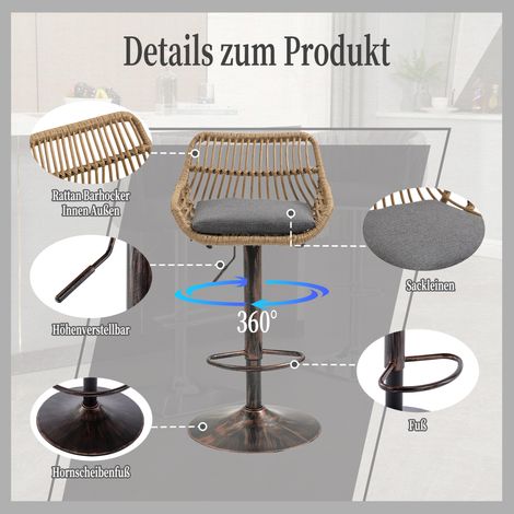 Lot de 2 tabourets de bar en rotin gris, réglables en hauteur et pivotants à 360°, design moderne pour cuisine, salle à manger et bar. (1/5)