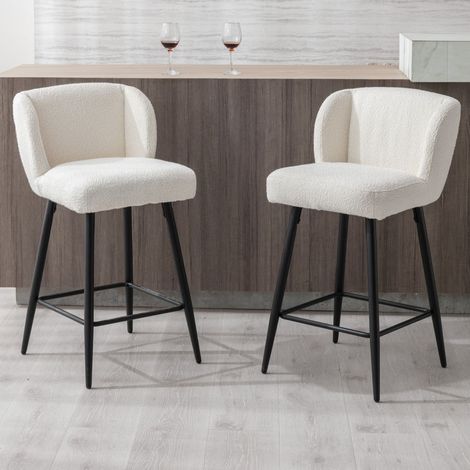 Wahson 2er Set Barstühle aus Kunstfell, Modern mit Schwarzen Metallbeine Gemütliche Küchenhocker armlosem Design für Küchentheke Esszimmer oder Hausbar, Weiß
