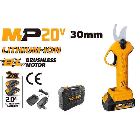 Pack tijera de poda eléctrica 20V 30mm batería litio TOLSEN (1/4)