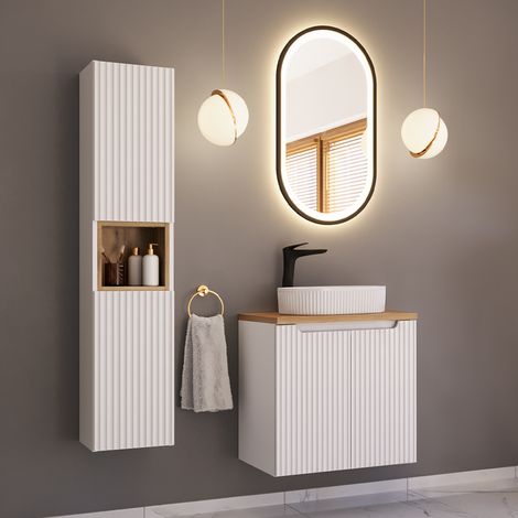 Ensemble meuble simple vasque 60cm 2 portes et colonne Riva Blanc et Bois (1/5)