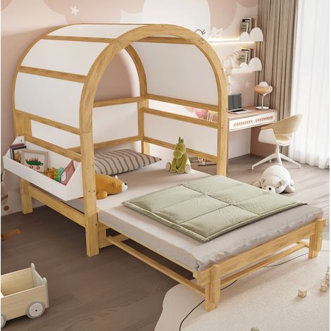Letto bambino estensibile 140 x 200 cm con ripiano laterale bianco e naturale HAVRYA (1/5)