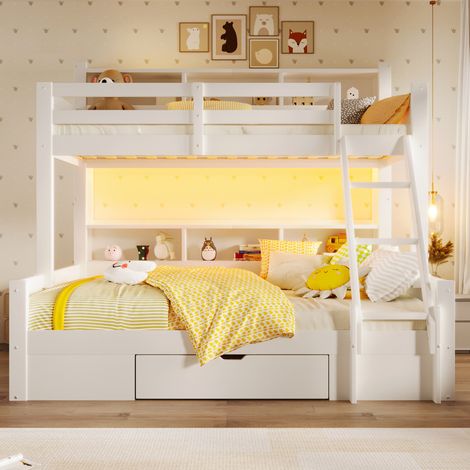 Lit superposé enfant 90x200 cm + 140x200 cm avec échelle, barrière, tiroir, LED, blanc, REDOM (1/5)