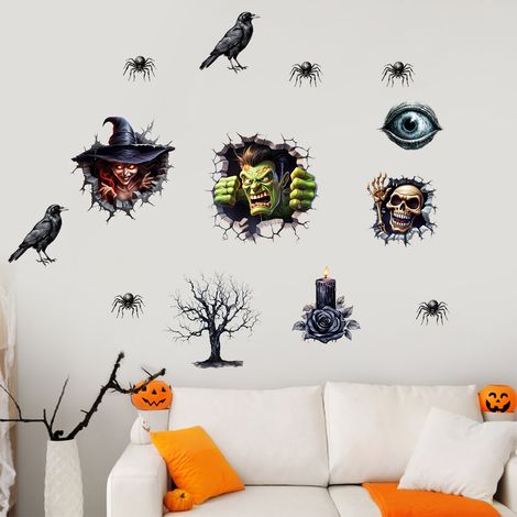 Autocollants de papier peint d'Halloween, autocollants de toilettes de crâne brisé d'horreur 3D, autocollants muraux d'horreur décoration (1/5)