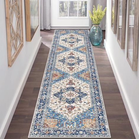 Tapis Couloir 40x160cm Style Bohème Vintage Fausse Laine Poils Ras Antidérapant Lavable Machine Multi Usage (1/4)