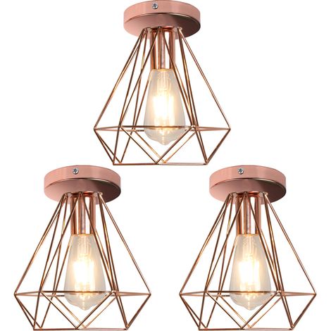 Vintage Ceiling Light, Retro Industrial Diamond Ceiling Lamp, Metal Chandelier with Lampshade for Bedroom Living Room Hallway Rose Gold 3PCS (1/5)