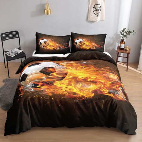 Fußball Bettwäsche-Set mit Flammen-Druck, 155x220cm, 2 Kissenbezüge 80x80cm