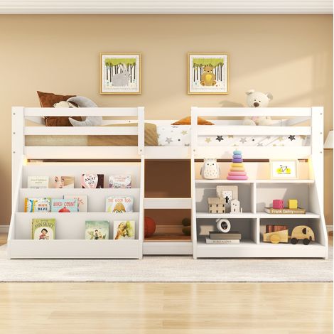 Letto a mezza altezza per bambini 90 x 200 cm con contenitori, sponde, scala e LED, legno, bianco (1/5)