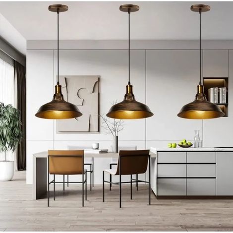 Fusion 3Pcs Lustre Suspension Industriel Luminaire Lampe Cage en Fer Bronze Jaune E27 27CM pour Cuisine Chambre Salon (1/4)
