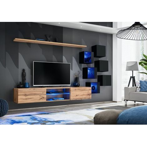 Ensemble meuble TV mural Switch XXI - L 240 x P 40 x H 120 cm - Marron et noir - Livraison gratuite