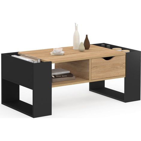Rechteckiger Couchtisch BERYL mit Schublade aus schwarzem Holz und Buchenholzoptik (1/5)