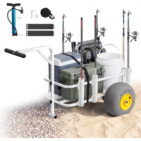 Chariot de Pêche, Capacité de Charge 90,7 kg, Chariot de Transport de Matériel de Pêche pour Plage Camping, Pneus Gonflables Tout-Terrain en PU 330 mm, Cadre en Acier au Carbone, 7 Porte-Cannes (1/5)