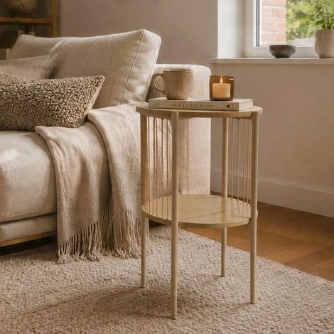 Tuxford Wooden Round Two Tier Side Table Compact with Storage Shelf - Oak (1/5)