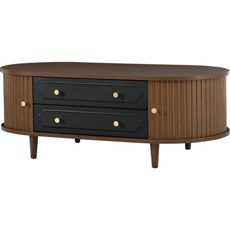 Mesa de centro 100 x 50 x 36 cm efecto nogal con 2 cajones y 2 puertas abatibles negras (1/5)