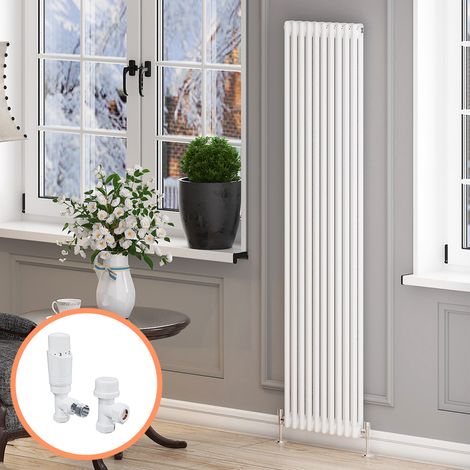 ELEGANT Traditional Radiator White Double Vertical Cast Iron Radiator Efficient Radiator 1800 x 465 mm + White Thermostatic Radiator Valves (1/5)