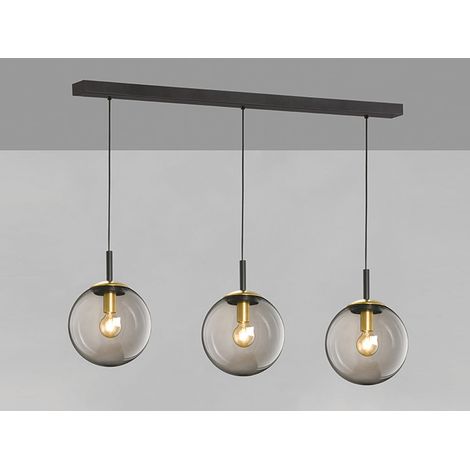 LED Pendelleuchte 3-flammig Rauchglas Schwarz mit Messing, Breite 115cm (1/3)