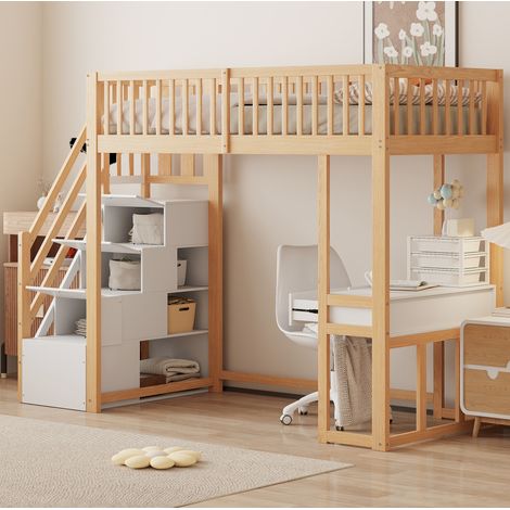 Hochbett 90x200 cm Weiß und Lichtes Eichenholz aus Holz mit Multifunktionstisch und Aufbewahrungstreppe (1/5)