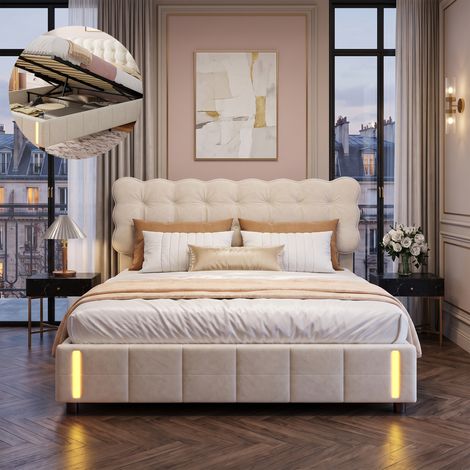 Lit 140x190 avec sommier et rangement - NEXU - Éclairage LED - litcoffre 140x190 coffre - Sommier 140x190 renforcé - Velours Beige (1/5)