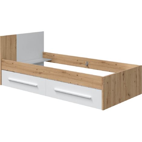 Ensemble de lit avec tête de lit et deux tiroirs en mélamine coloris blanc - Longueur 196 x Profondeur 97 x Hauteur 77 cm -PEGANE- (1/5)
