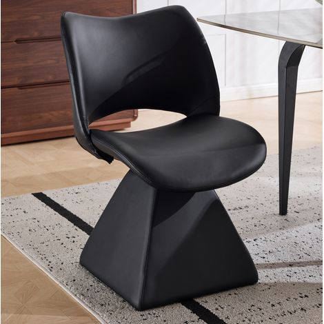 Sedia girevole in ecopelle con schienale alto e gambe in legno e metallo, stile moderno, nero (1/5)