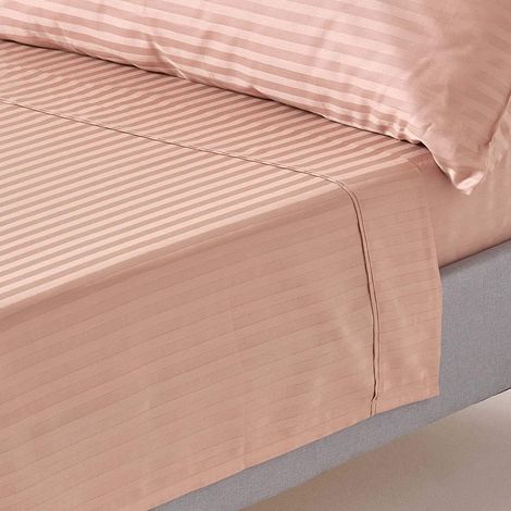 HOMESCAPES Drap plat rayé satin de coton égyptien 330 fils coloris beige taupe 180 x 290 cm (1/5)