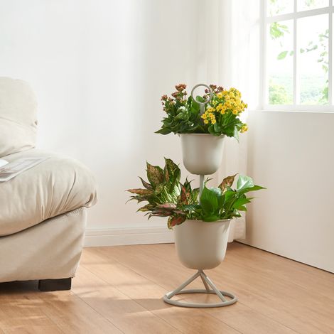 Soporte para plantas Alphen con 2 maceteros metal 77xØ26cm - Gris Claro [en.casa]