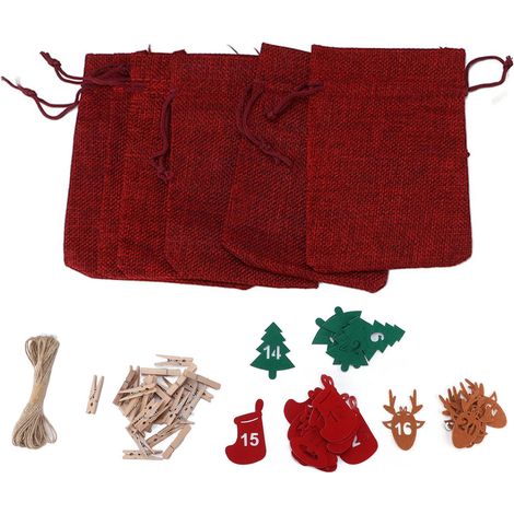 Lot de 24 sacs à cordon réutilisables pour calendrier de l'Avent de Noël, à suspendre, pour bonbons, bijoux et cadeaux. Couleur : rouge vin. (1/5)