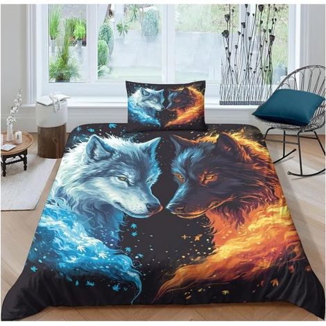 Parure de lit 3 pièces en microfibre douce et confortable avec fermeture éclair - Motif loup de glace et de feu -(240x260 cm) - U2D (1/4)