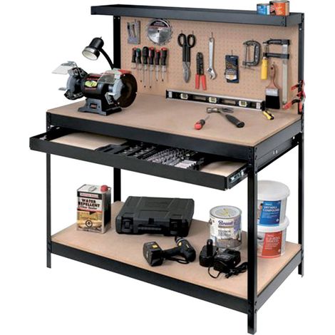 Ferramenta1.Com – Établi en acier peint avec étagère porte-outils et tiroir coulissant – Dimensions 120x60x155 cm – Surface de travail en aggloméré - cm120x60x155 (1/3)