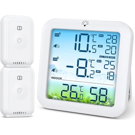 Thermometre Frigo, Thermomètre Congélateur avec 2 Capteurs, Thermometre Réfrigérateur à Écran Couleur avec Alarme, Commutateur ℃/℉, MIN/MAX, Rétroéclairage Blanc pour Cuisine, Restaurants (1/5)