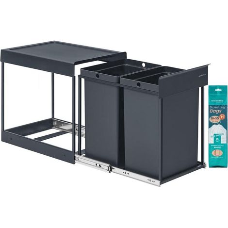Poubelle de tri sélectif extractible coulissante 48,6 x 36,2 x 44 cm 2 seaux de 20 L design moderne en acier gris (1/2)