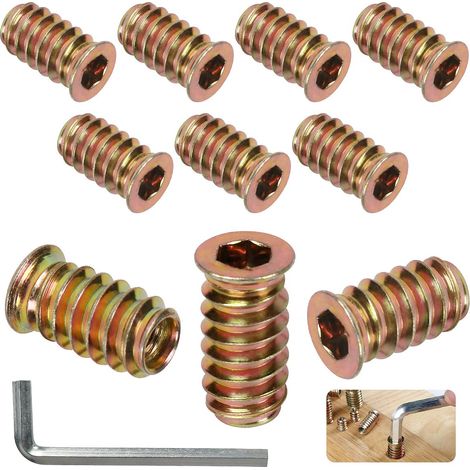 Insert Fileté Bois M8 x 20mm, 10 Pièces Douille Filetée Visser Inserts Écrous à Zinc, Insert D'écrou Borgne Metal Ecrou Hexagonal, Intérieur Manchons a Visse Vis Tête, pour Meubles en Bois (1/5)