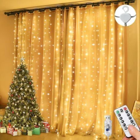 Curtain String Lights 3m x 3m 300 LED 8 Modes Remote Control Timer Adjustable Brightness Waterproof IP65 (Warm White) (1/5)