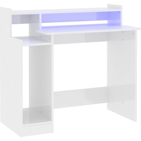 Maison Exclusive - Escritorio LED madera contrachapada blanco bri (1/5)
