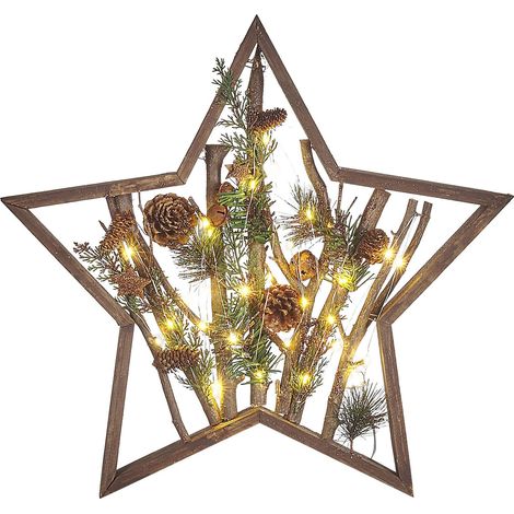 Figura decorativa legno stella di natale LED 46 cm con pigne legno scuro Dokka