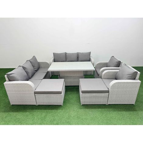 Fimous PE Rattan High Back Lounge Sofa Set Patio Adjustable Lifting Dining or Coffee Table & Chairs Set with 3 Seater Sofa Reclining Chair 2 Big Footstool Light Grey (1/5)