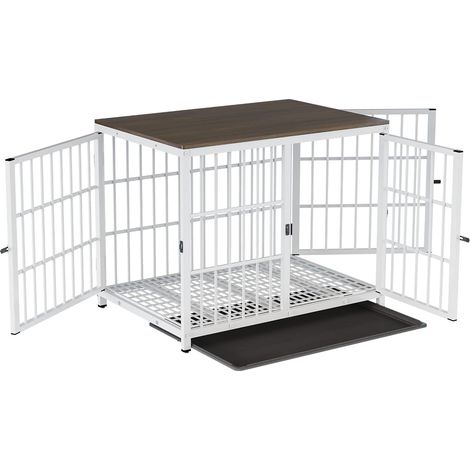 Gabbia Robusta per cani Antimorso, Tavolino per Gabbia Rinforzata per cani Taglia Piccola e Media, Kennel in Legno e Resistente Metallo Pesante, Bianco (1/5)