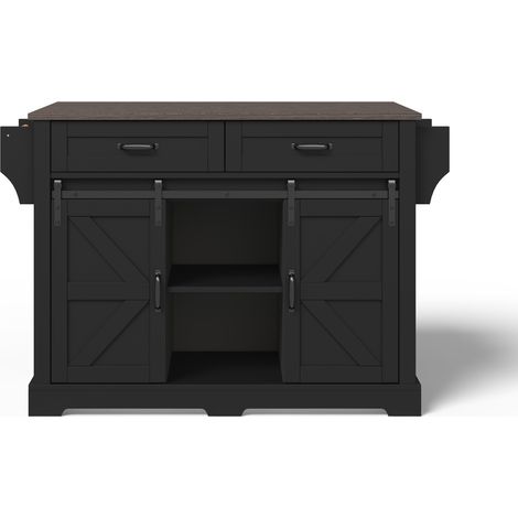Îlot de cuisine avec plan de travail rabattable et chariot sur roulettes, armoire noire style grange 120×45(70)×91 cm (1/5)