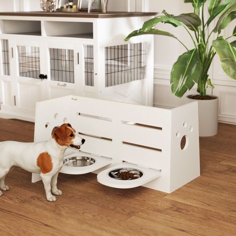 Porta ciotole per cibo per cani, ciotole regolabili con design separato, 2 ciotole in acciaio inox, tappetino anti-inghiottimento, bianco