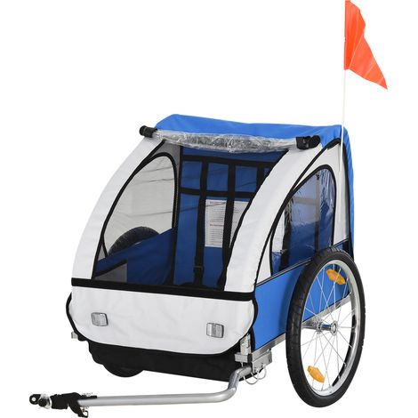 Remorque vélo enfant avec 2 sièges ceintures de sécurité cadre en acier et housse tissu oxford bleu