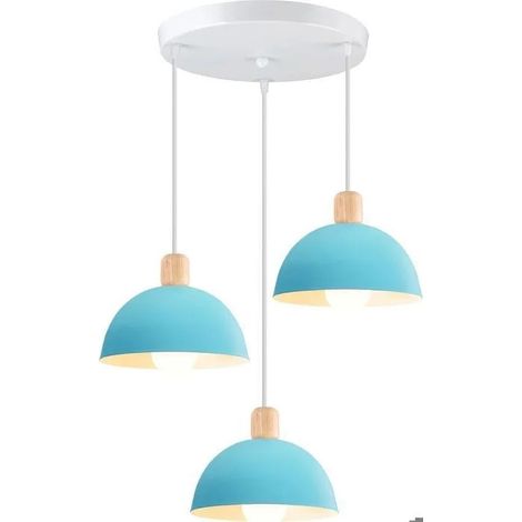 3 Lampes Suspension Luminaire Moderne 20cm Lustre Suspension Rétro Style Scandinave Plafonnier Abat-jour en Bois Métal,Bleu (1/5)