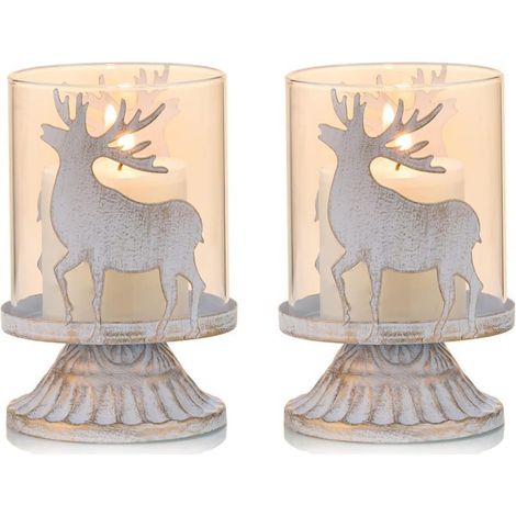 Lot de 2 Bougeoirs Chandelier en Blanc Métal Supports pour Bougies Piliers(cerf), Bougeoirs en Détresse de L'ouragan Préfèrent Pièces pour Décoration de Cheminée de Manteau de Table de Noël, Blanc (1/5)